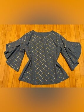 Womens Blue Bell-Sleeve Top with Gold Grid Accent large